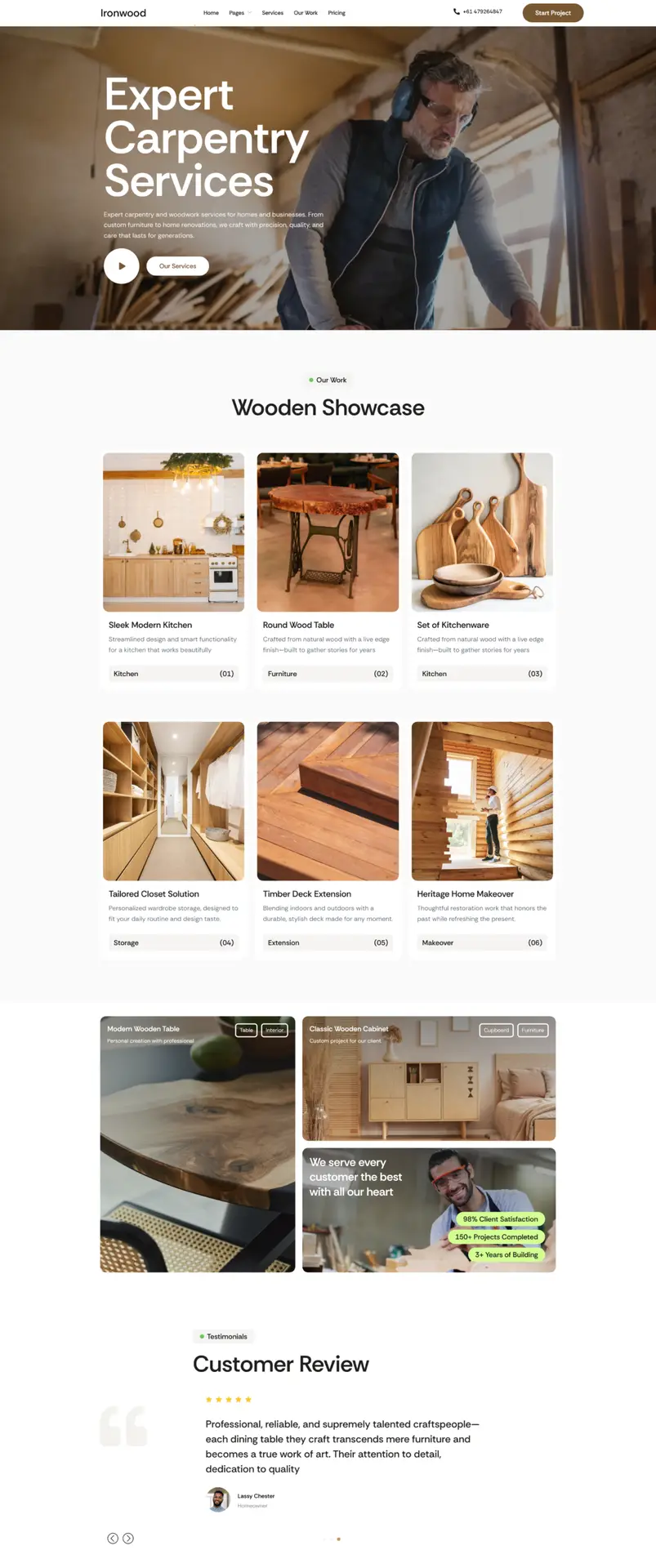 Custom woodworking business website design highlighting handcrafted furniture - web design portfolio by eloire.co