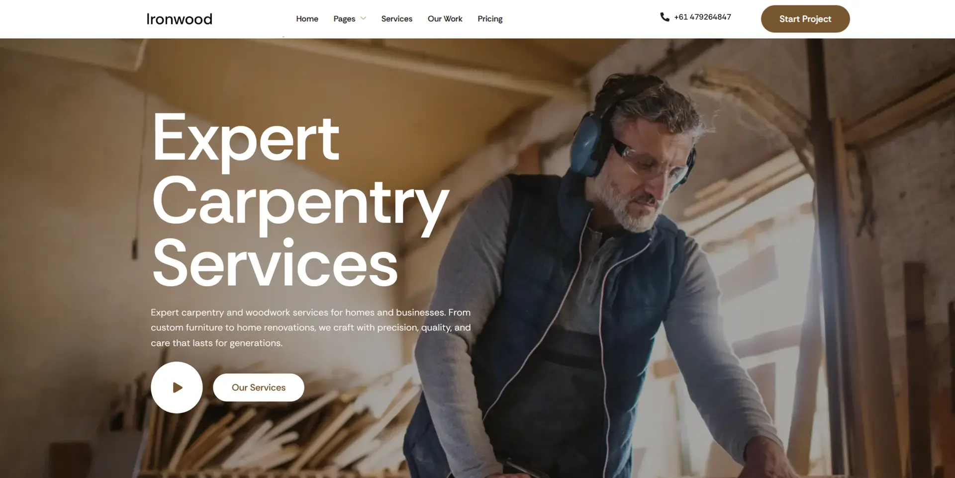 Custom woodworking business website design highlighting handcrafted furniture - web design portfolio by eloire.co