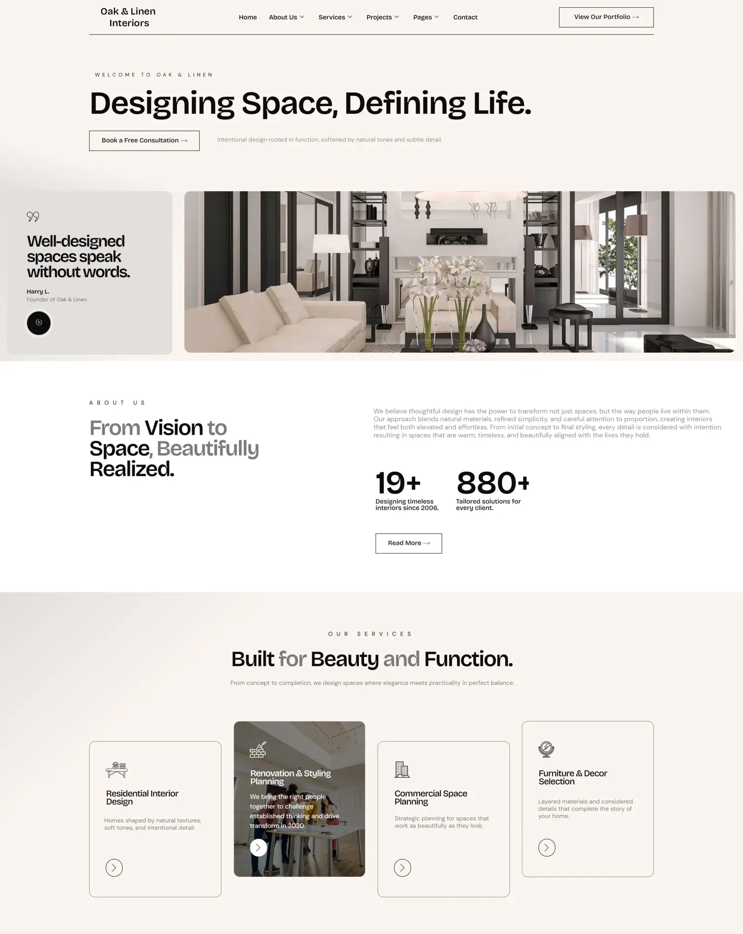 Interior design client website featuring modern home décor and room styling - web design portfolio by eloire.co