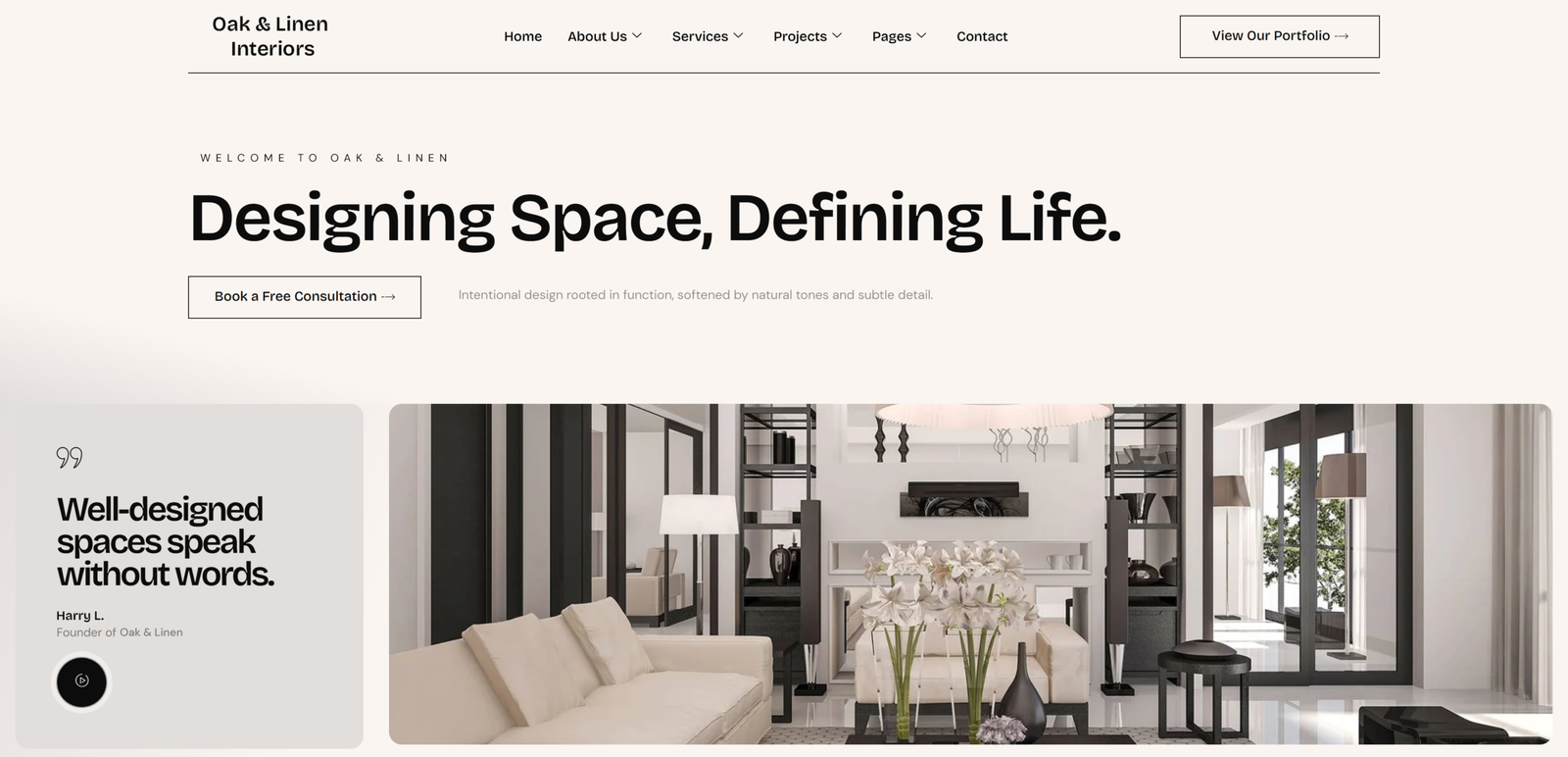 Interior design client website featuring modern home décor and room styling - web design portfolio by eloire.co